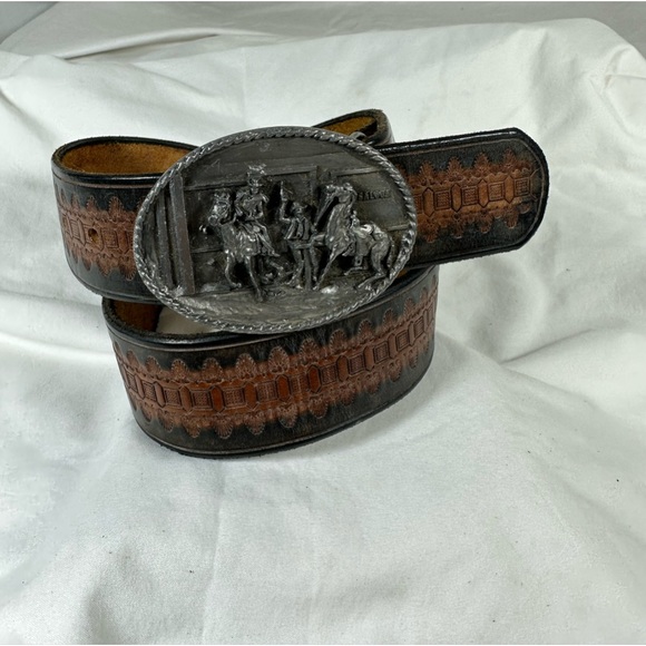 Vintage Bergamot Brass Works 1983 SALOON cowboys belt buckle and brown belt 34 - Picture 1 of 14